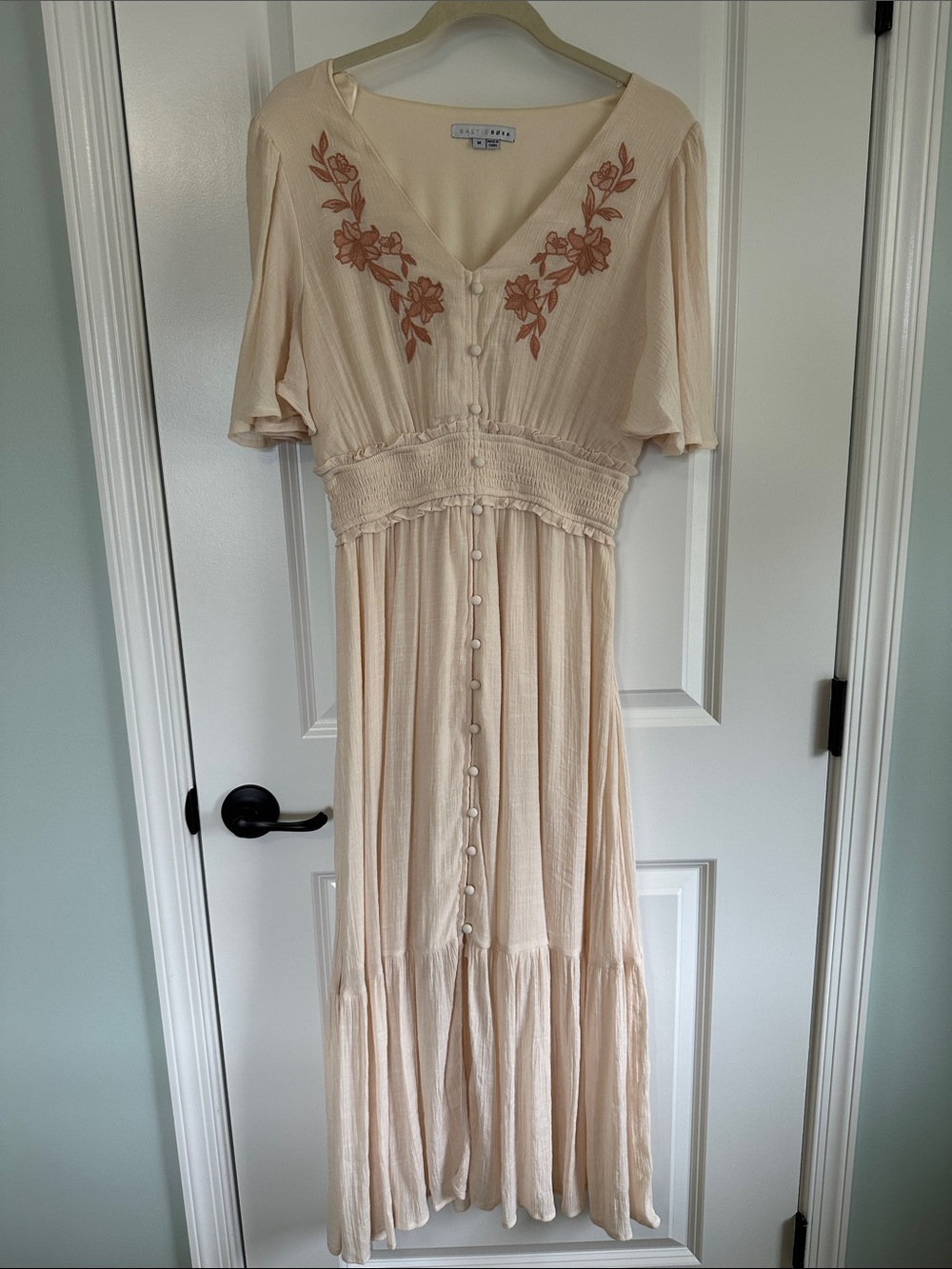 Baltic Born Cream Maxi Dress with Pink Floral Embroidery